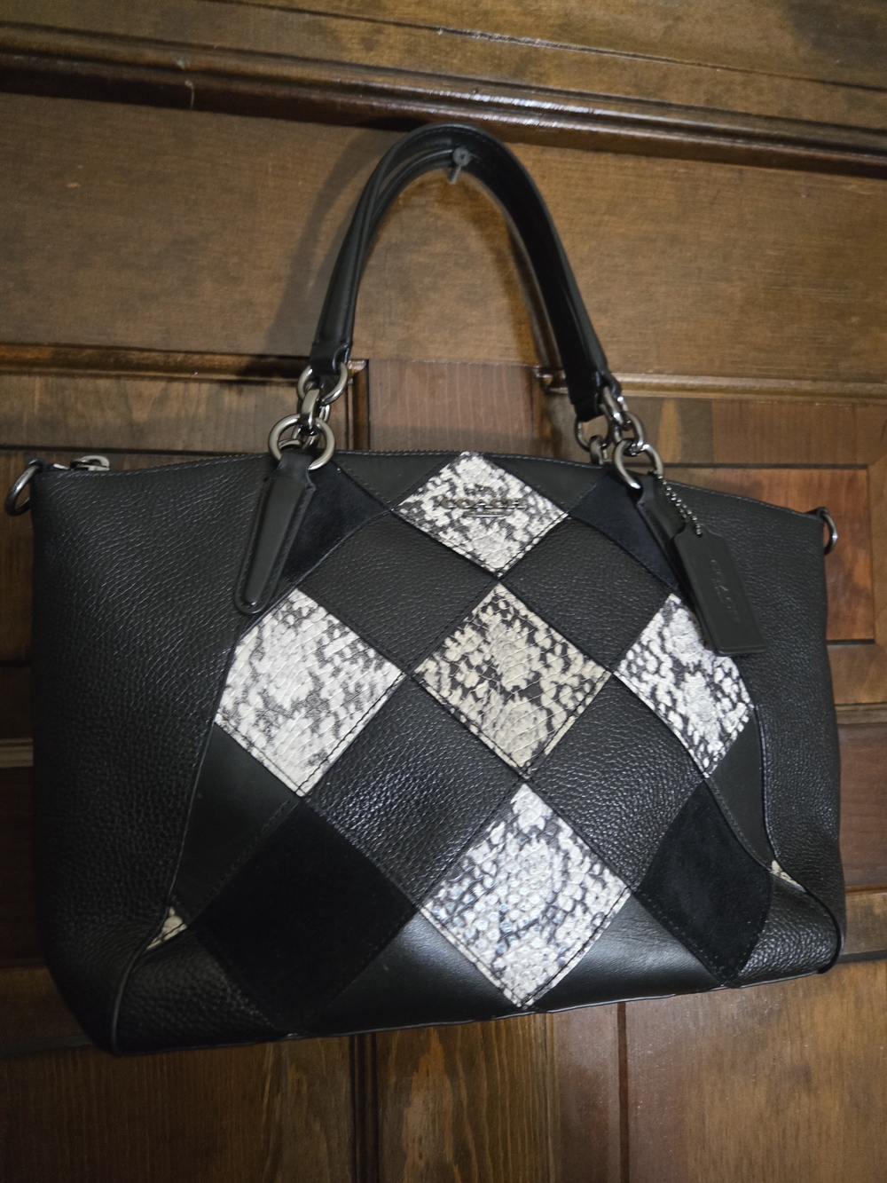 Black Patchwork Coach Leather Satchel with Snake-Print Accents